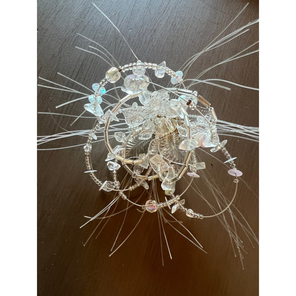 Beaded Floral Brooch Pin Silver Iridescent Korean Artisan Whimsical Ethereal